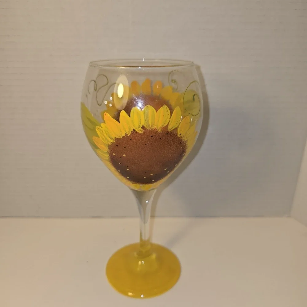 Hand‎ Painted Sunflower Wine Glass Yellow Base Novelty Kitchen Barware Decor